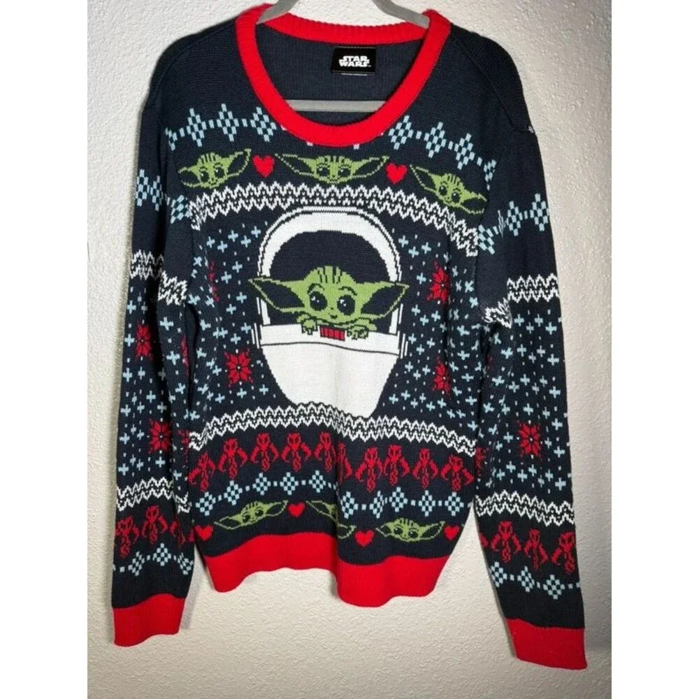 Star Wars Baby Yoda Mandalorian Sweater Mens Large Blue Pattern Ugly Christmas